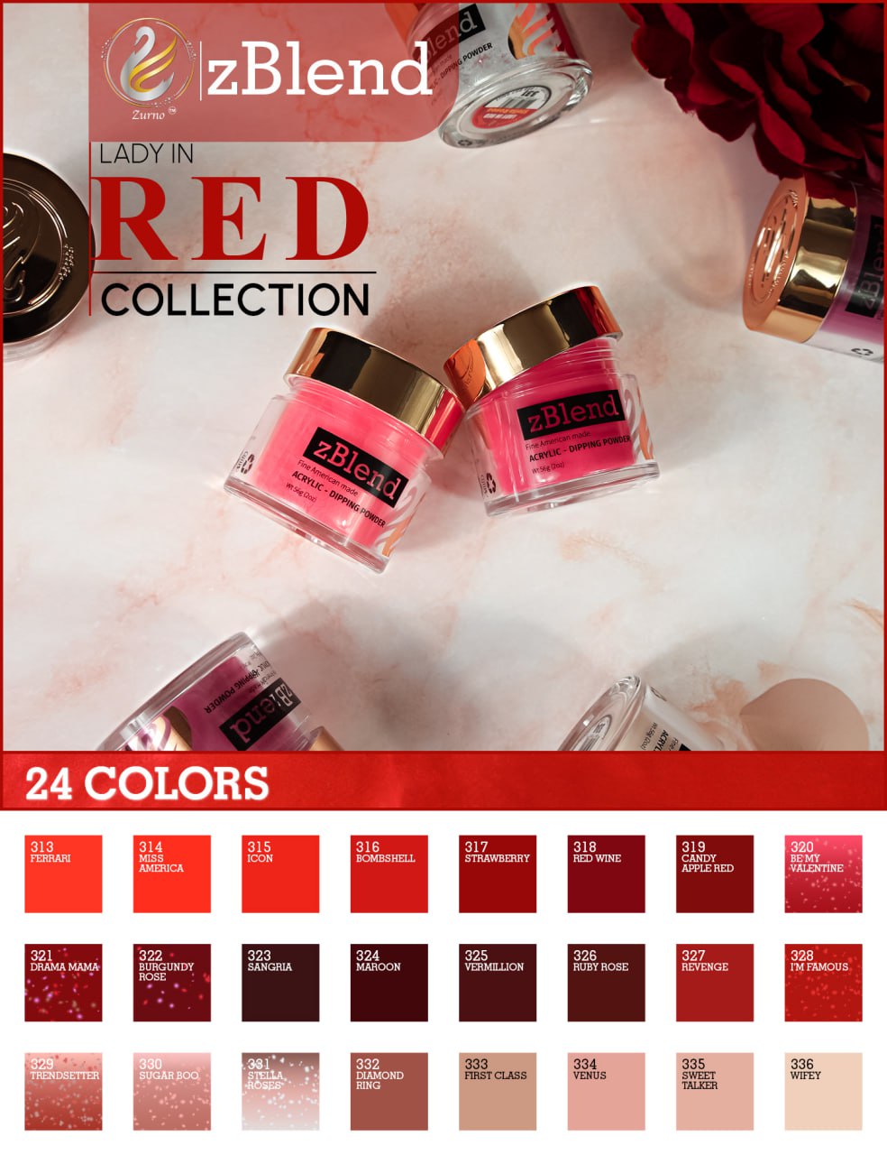 zBlend - zGel - zLacquer | #313 - #336 Lady in Red Collection - 24 Colors