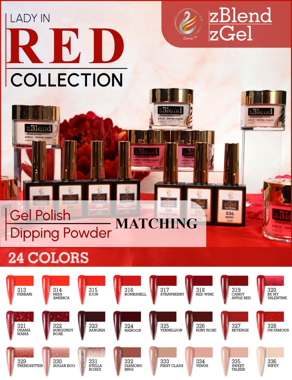 zBlend - zGel - zLacquer | #313 - #336 Lady in Red Collection - 24 Colors